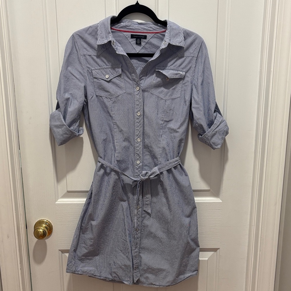 Tommy Hilfiger Blue and White Striped Button-Up Shirt Dress